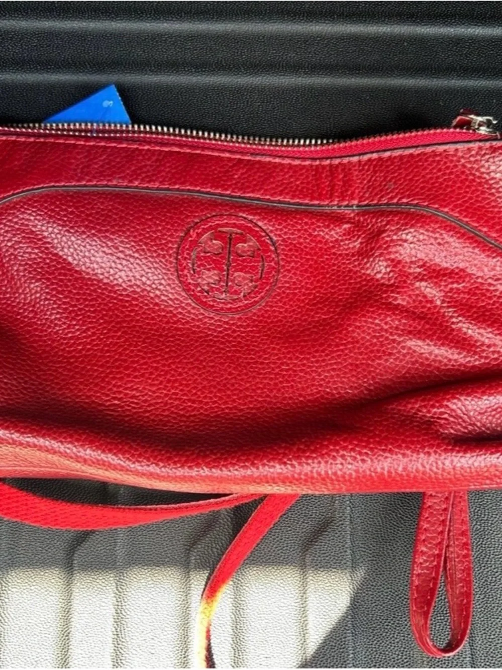 Tory Burch Red Pebbled Leather Wristlet with Embossed Logo